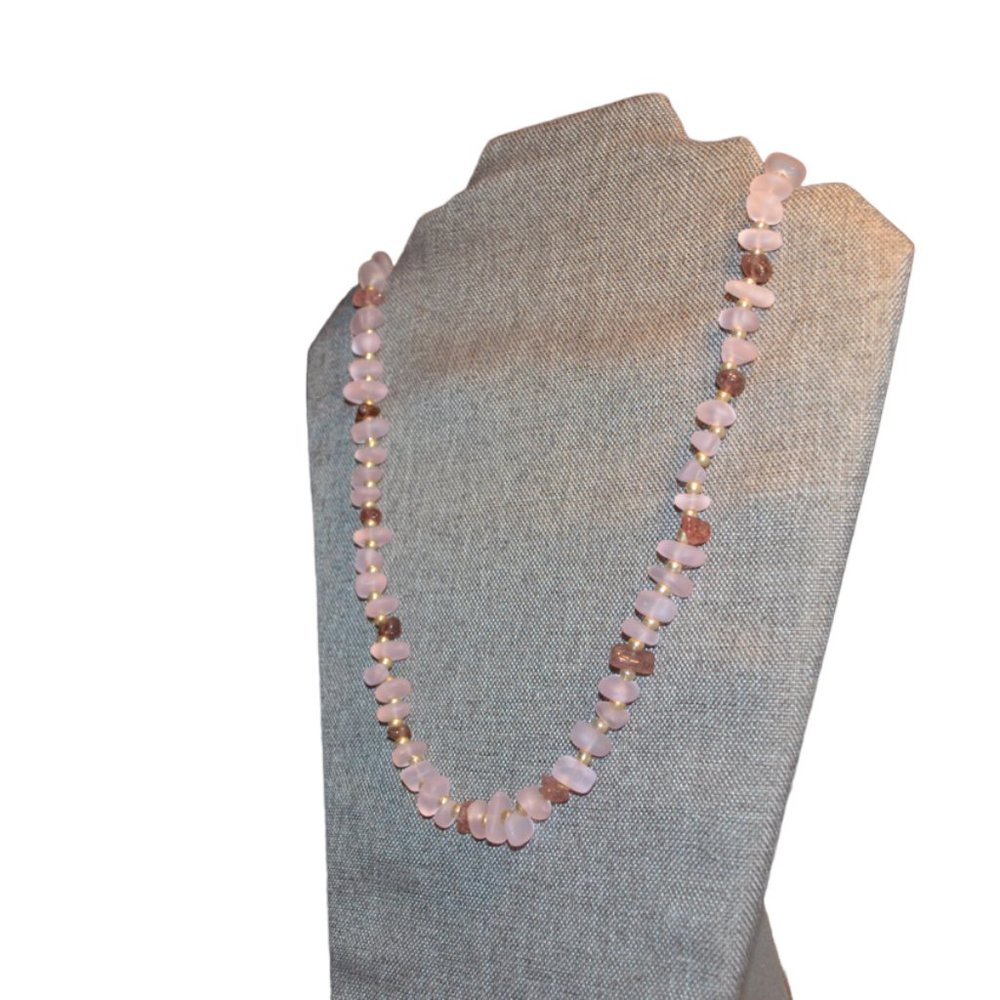 Handmade Necklace Pink Glass & Quartz Natural Stones Beads Elastic 10' in half